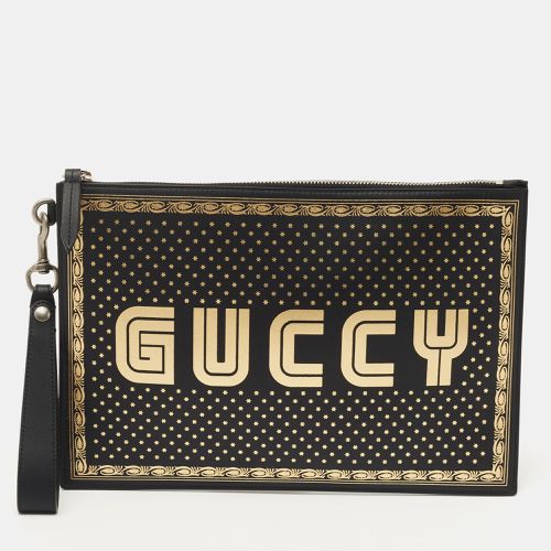 Gucci Black/Gold Leather Guccy Zip Wristlet Pouch - Gucci - Modalova