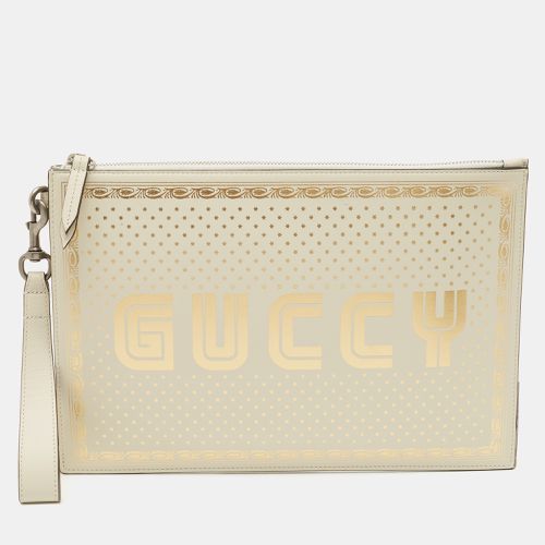 Gucci Off White/Gold Leather Guccy Zip Wristlet Pouch - Gucci - Modalova