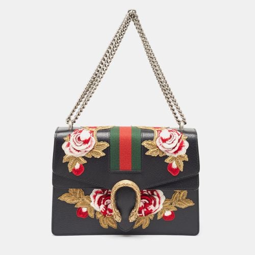 Gucci Black Leather Medium Embroidered Web Dionysus Shoulder Bag - Gucci - Modalova