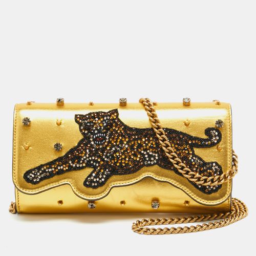 Gucci Gold Leather Embroidered Tiger Crystal Studded Chain Clutch - Gucci - Modalova