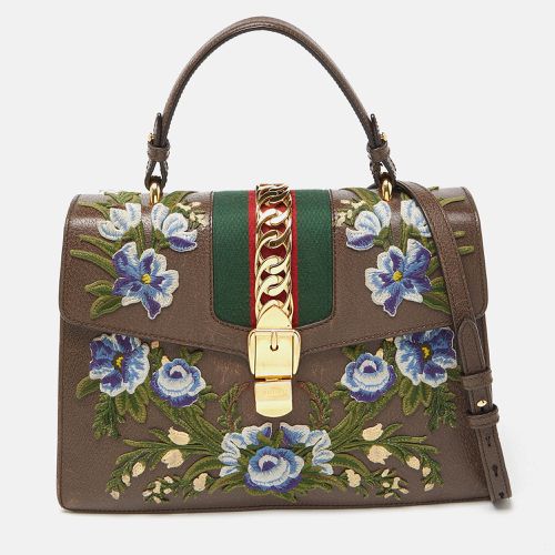 Gucci Brown Floral Embroidered Leather Medium Sylvie Top Handle Bag - Gucci - Modalova