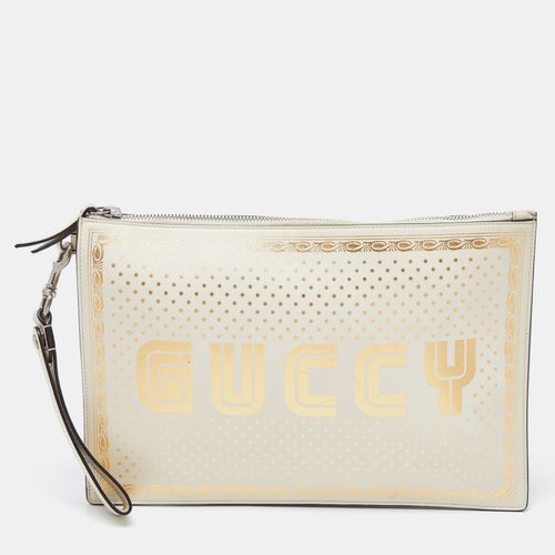 Off- Leather "Guccy" Zip Wristlet Pouch - Gucci - Modalova