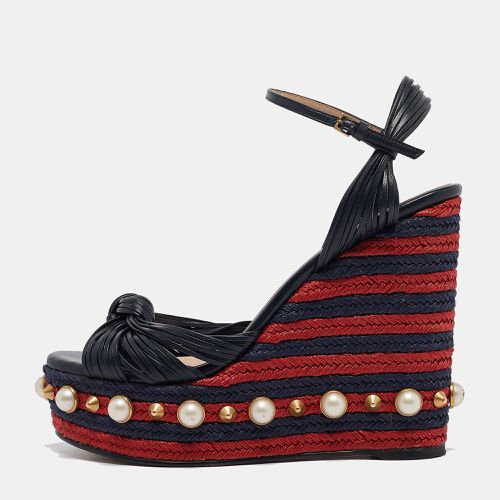 Gucci Navy Blue Knotted Leather Pearl Embellished Espadrille Wedge Sandals Size 39 - Gucci - Modalova