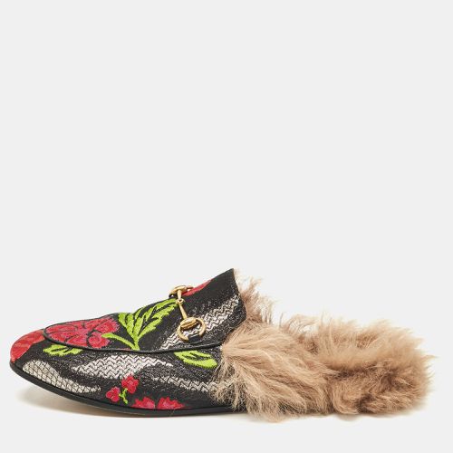 Gucci Black Floral Brocade Fabric and Fur Lined Princetown Flat Mules Size 39 - Gucci - Modalova