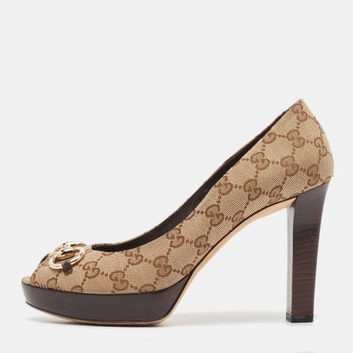 Beige/ GG Canvas Horsebit Peep Toe Platform Pumps Size 39.5 - Gucci - Modalova