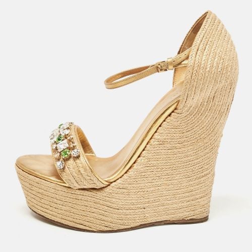 Gucci Beige/Gold Jute and Leather Crystal Embellished Wedge Sandals Size 37.5 - Gucci - Modalova