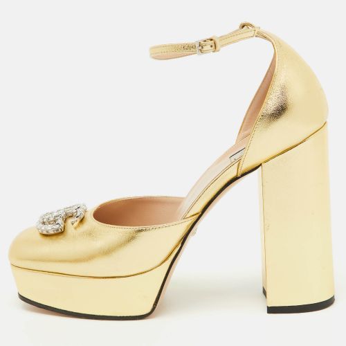 Gucci Gold Leather Double G Crystal Platform Block Heel Ankle Strap Sandals Size 39 - Gucci - Modalova