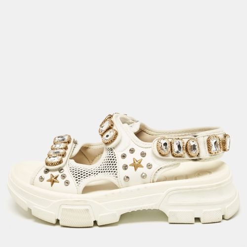 Gucci Off White Leather and Mesh Crystal Embellished Aguru Sandals Size 39 - Gucci - Modalova