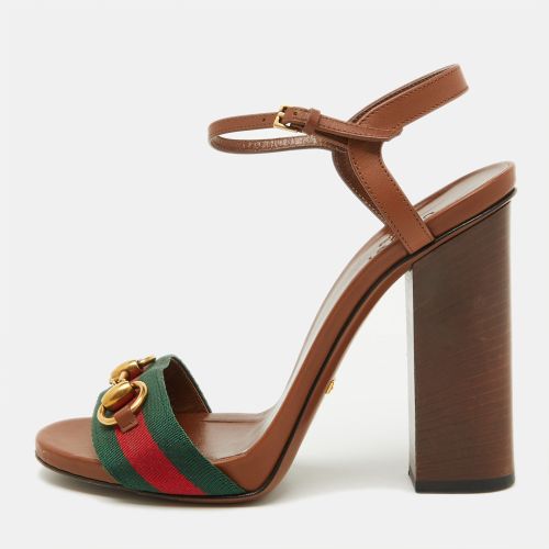 Gucci Brown Leather and Web Tape Horsebit Ankle Strap Sandals Size 37 - Gucci - Modalova