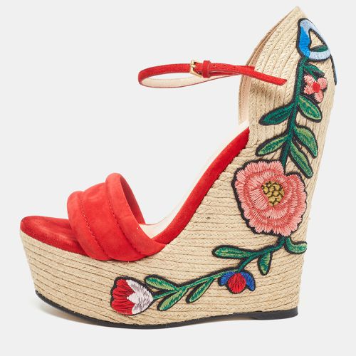 Gucci Red/Beige Suede Floral Embroidered Espadrille Wedge Platform Ankle Strap Sandals Size 37.5 - Gucci - Modalova