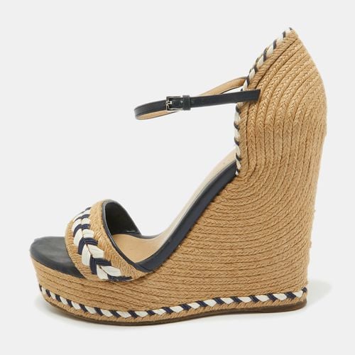 Gucci Beige/Blue Leather and Raffia Wedge Sandals Size 36 - Gucci - Modalova