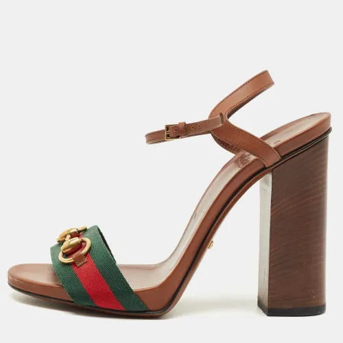 Gucci Brown Leather Horsebit Web Ankle Strap Sandals Size 38.5 - Gucci - Modalova