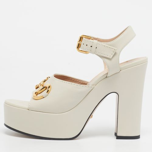 Gucci Off White Leather Horsebit Platform Block Heel Ankle Strap Sandals Size 39.5 - Gucci - Modalova