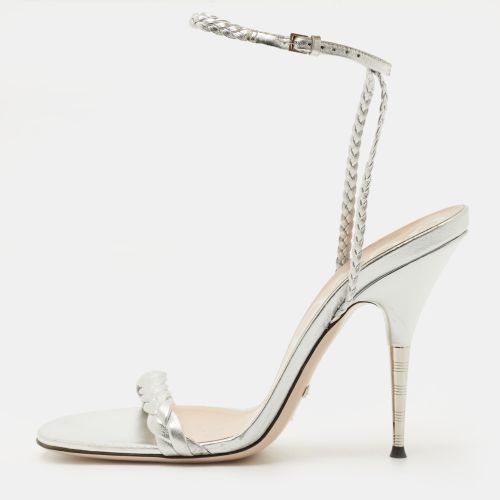 Gucci Silver Leather and Woven Leather Ankle Wrap Sandals Size 39.5 - Gucci - Modalova