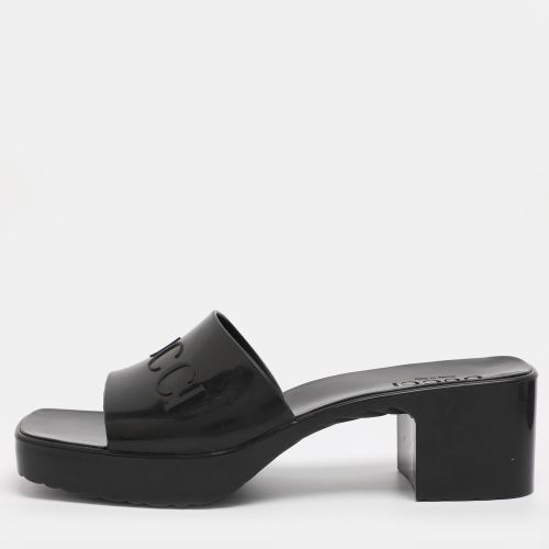 Gucci Black Rubber Embossed Logo Block Heel Slide Sandals Size 39 - Gucci - Modalova