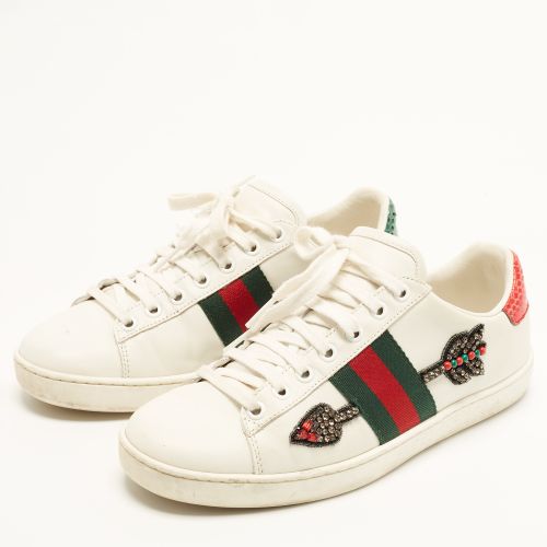 Ace Size 37 Leather and Python Embossed Web Arrow Crystal Embellished Low Top Sneakers - Gucci - Modalova