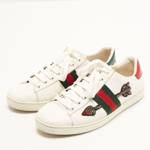 Ace Size 38.5 Leather and Python Embossed Web Arrow Crystal Embellished Low Top Sneakers - Gucci - Modalova
