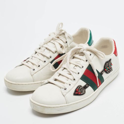 Ace Size 36.5 Leather and Python Embossed Web Crystals Arrow Low Top Sneakers - Gucci - Modalova
