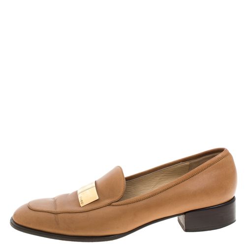 Gucci Brown Leather Gold-Tone Logo Plate Block Heel Loafer Pumps Size 37.5 - Gucci - Modalova