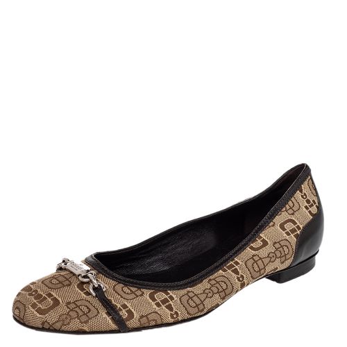 Gucci Beige/Brown Canvas And Leather Logo Embellished Ballet Flats Size 39 - Gucci - Modalova