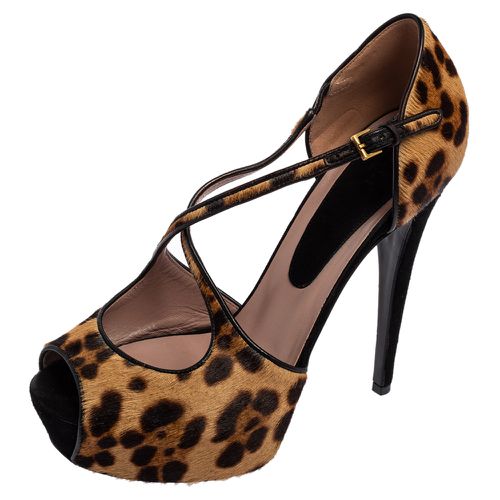 Gucci Black/Brown Leopard Print Pony Hair Platform Peep Toe Sandals Size 39 - Gucci - Modalova