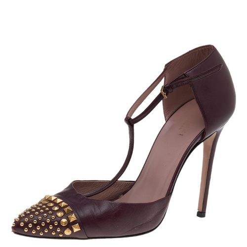 Gucci Burgundy Leather Coline Studded T Strap Pumps Size 38 - Gucci - Modalova