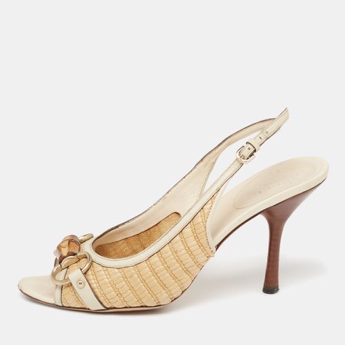 Gucci Grey/Beige Raffia And Leather Bamboo Horsebit Slingback Sandals Size 36.5 - Gucci - Modalova