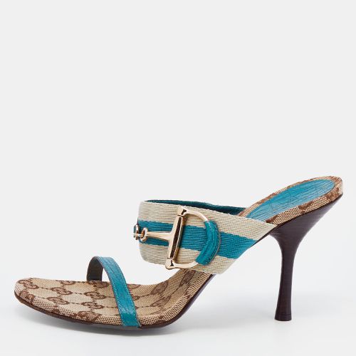 Gucci Turquoise Blue/Off White Leather And Web Tape Slide Sandals Size 36 - Gucci - Modalova