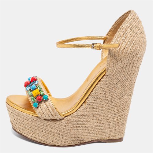 Gucci Gold/Beige Jute And Leather Carolina Wedge Sandals Size 36 - Gucci - Modalova