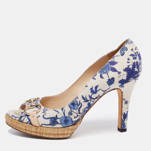 Blue Floral Print Canvas Horsebit Peep Toe Platform Pumps Size 40.5 - Gucci - Modalova