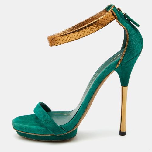 Gucci Green/Gold Suede and Snakeskin Leather Ankle Strap Sandals Size 37.5 - Gucci - Modalova