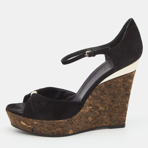 Gucci Black Suede Cork Wedge Platform Ankle Strap Sandals Size 37.5 - Gucci - Modalova