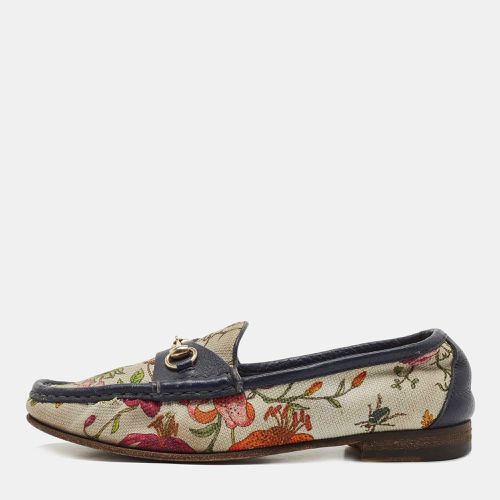 Gucci Navy Blue/White Leather and Floral Print Canvas 1953 Horsebit Loafers Size 36 - Gucci - Modalova