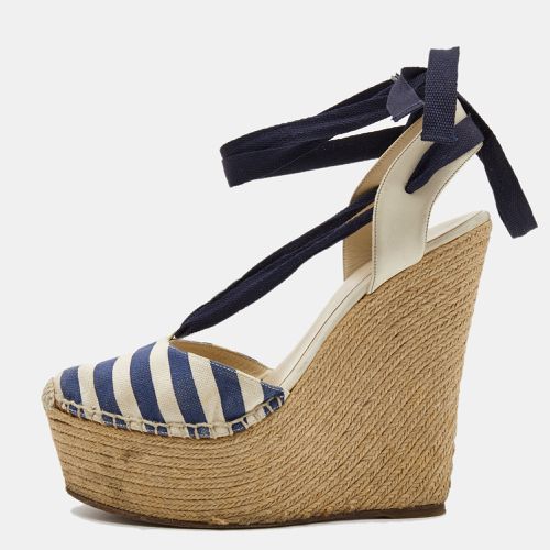 Gucci Navy Blue/White Striped Canvas and Leather Espadrille Wedge Ankle Tie Pumps Size 38 - Gucci - Modalova