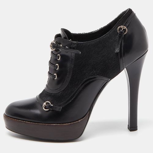 Gucci Black Leather and Calf Hair Buckle Detail Platform Ankle Booties Size 38.5 - Gucci - Modalova