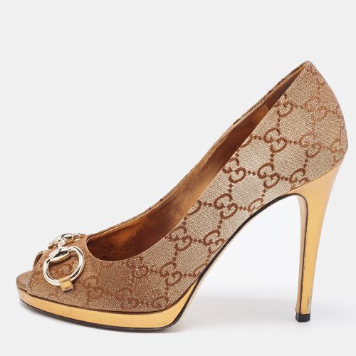 Gucci Bronze GG Canvas and Leather New Hollywood Horsebit Peep Toe Pumps Size 37 - Gucci - Modalova