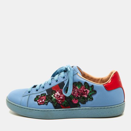 Gucci Blue Leather Flower Sequins Embellished Ace Low Top Sneakers Size 36 - Gucci - Modalova