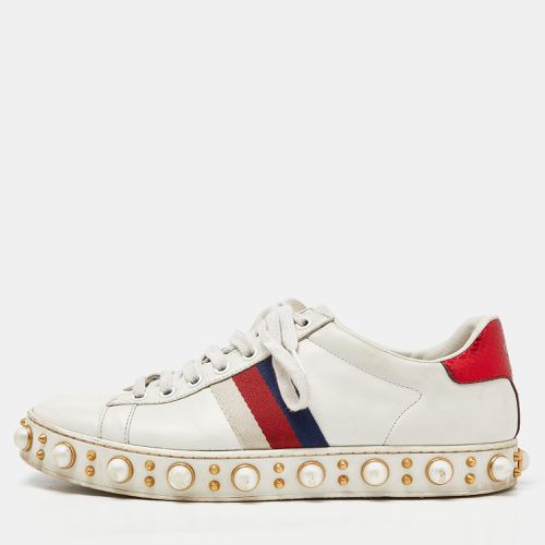 Gucci White Leather Web Detail New Ace Faux Pearl Embellished Low Top Sneakers Size 39 - Gucci - Modalova