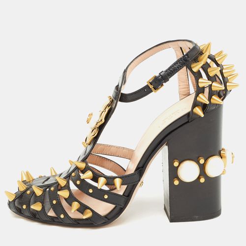 Gucci Black Leather Kendall Embellished Block Heel Ankle Strap Sandals Size 38.5 - Gucci - Modalova