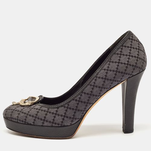 Gucci Blue/Lead Diamante Canvas And Leather Trim Icon Bit Platform Peep Toe Pump Size 40.5 - Gucci - Modalova