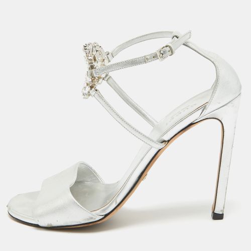 Gucci Silver Leather Crystal Embellished GG Logo Ankle Strap Sandals Size 37.5 - Gucci - Modalova