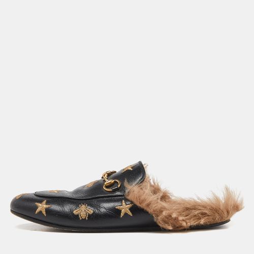 Gucci Black Leather and Fur Lined Bee Star Embroidered Horsebit Princetown Flat Mules Size 37 - Gucci - Modalova