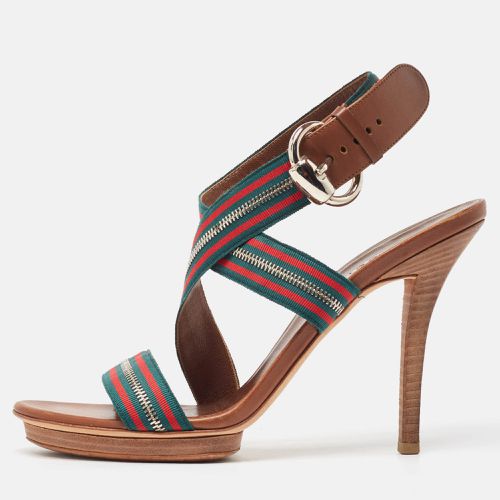 Gucci Tricolor Leather and Zip Web Canvas Ankle Wrap Sandals Size 39.5 - Gucci - Modalova