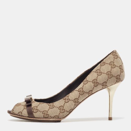 Gucci Beige/Brown Canvas and Leather Peep Toe Pumps Size 39 - Gucci - Modalova