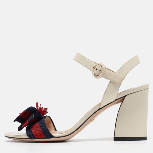 Gucci Cream Leather Web Bow Flower Block Heel Ankle Strap Sandals Size 39 - Gucci - Modalova