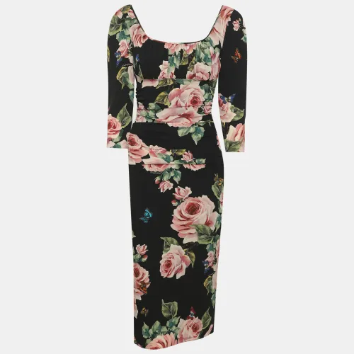 Multicolor Rose Printed Stretch Silk Ruched Midi Dress XS - Dolce & Gabbana - Modalova