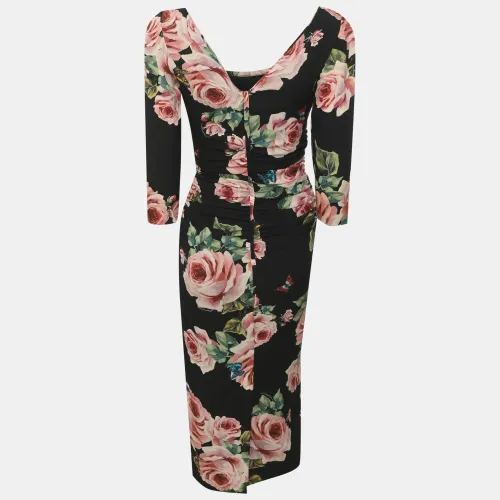 Multicolor Rose Printed Stretch Silk Ruched Midi Dress XS - Dolce & Gabbana - Modalova