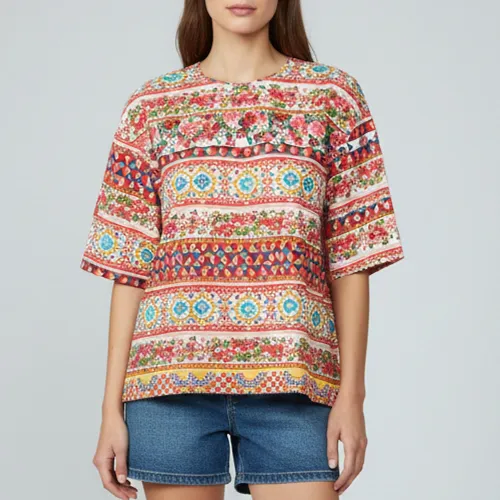 Multicolor Mambo Print Cotton Short Sleeve Top S - Dolce & Gabbana - Modalova