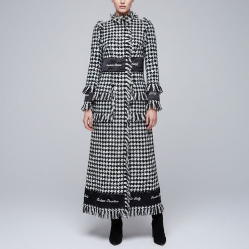 Monochrome Houndstooth Wool Fringed Long Coat S - Dolce & Gabbana - Modalova