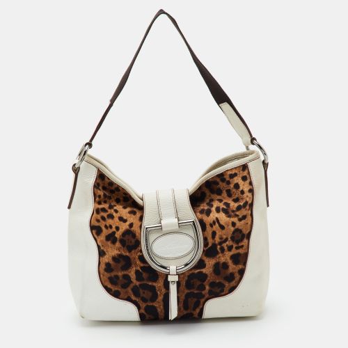 D-Ring /White Leopard Print Canvas and Leather Hobo - Dolce & Gabbana - Modalova